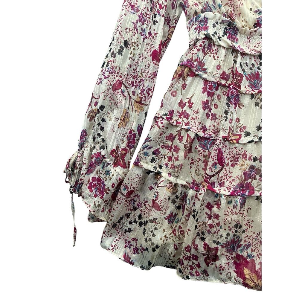 Free People Boho Floral Tiered Mini Dress Smocked Long Sleeve Ruffle V Neck XS - Picture 6 of 15